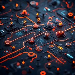 Poster - Intricate Futuristic Network of Glowing Neon Pathways and Nodes in Conceptual Digital Art Composition with Geometric Technological Elements