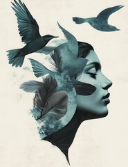 Wall Mural - Minimalist collage, portrait of a woman with a bird and fish, round shapes in gray pastel colors