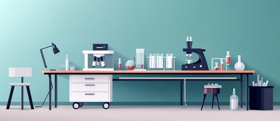 Lab bench with neatly arranged tools and equipment, successful experiment setup, large blank space for text above, vector flat design illustration