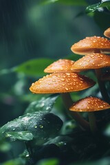 Wall Mural - Close up of orange mushrooms with dew drops in a forest