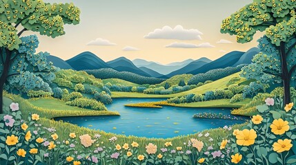 Scenic spring landscape featuring a tranquil pond amidst rolling hills in a countryside setting Serene spring scenery with a peaceful pond surrounded by gentle hills in a rural environment