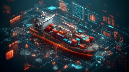 Poster - Futuristic container ships and massive cargo vessels utilizing cutting edge automation and AI driven systems to orchestrate efficient global logistics across vast distribution networks