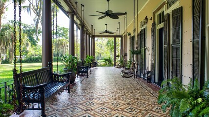 Wall Mural - an elegant front porch with swinging benches, patterned tile flooring, and overhead ceiling fans for