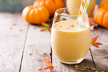 Healthy pumpkin smoothie with chia seed in glasses