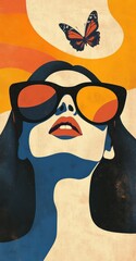 Wall Mural - Minimalistic collage art of a woman wearing butterfly-shaped sunglasses, in a surrealistic