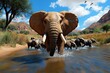 © Thanyarat - Interactive 3D digital scene of an elephant herd crossing a river in the savannah, with realistic water physics and animated wildlife, creating a fully immersive natural environment
