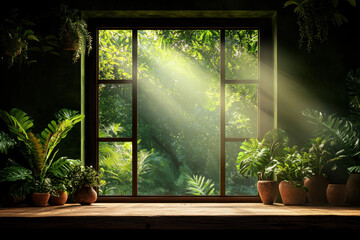 Poster - Sunlit window with lush green plants.