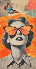 Wall Mural - Minimalistic collage art of a woman wearing butterfly-shaped sunglasses, in a surrealistic