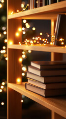 Poster - Books on a shelf with festive lights