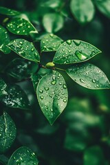 Wall Mural - Close up of dew drops on green leaves, nature, freshness, spring, summer, morning, garden, botany, plant, organic, natural, background, wallpaper, abstract,  macro