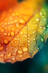 Wall Mural - Close up of dew drops on an autumn leaf, macro photography