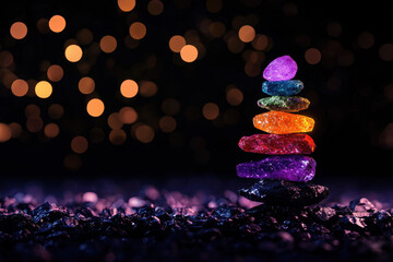 Fototapete - Colorful stacked stones with bokeh background