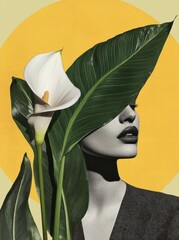 Wall Mural - Minimalistic collage art of a woman with banana leaves emerging from her head