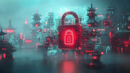 Poster - Technological Barriers to Cybercrime in Futuristic Digital Landscape with Interconnected Global Map and Large Padlock as Symbol of Data Protection and Cyber Security