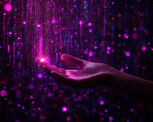 Leinwandbilder - Hand holding light in colorful bokeh atmosphere