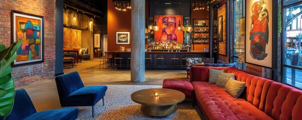 Wall Mural - a boutique hotel lobby with eclectic decor, an art gallery featuring local artists, and a chic bar s