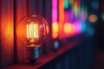 Close-up of a vintage bulb emitting a warm glow, surrounded by colorful LED lights, creating a vibrant and cozy atmosphere.