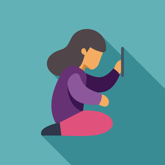Poster - Young woman is sitting with legs crossed using a tablet computer in this flat design illustration with long shadow