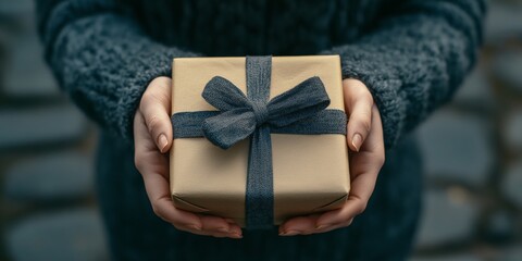 A close-up of hands holding a wrapped gift with a dark blue ribbon, set against a cream background, symbolizing charity donation on Boxing Day