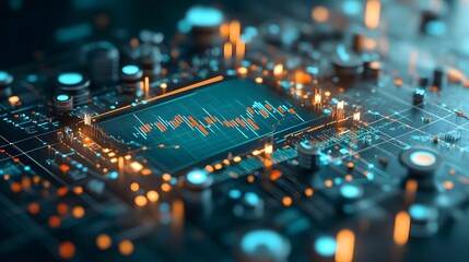 Poster - close up of a blue market trading chart displaying financial information and technical analysis with candlestick patterns refined graphical details sharp focus and a clean