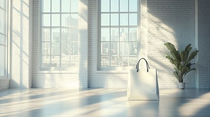 Wall Mural - White shopping bag on a wooden floor in a room with large windows.