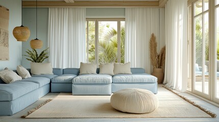 Wall Mural - a coastal living room with light blue sofas, white drapes, and a sandy-colored rug, resembling a bea