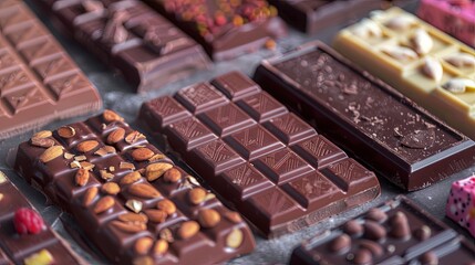 Aufkleber - A wide variety of chocolate bars in different flavors and types neatly arranged on a table. Generative AI