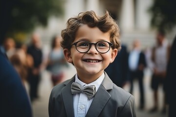 Portrait of a cute little boy with glasses and a bow tie