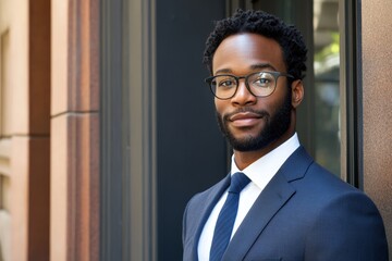 Wall Mural - A well-dressed man stands outside a contemporary building, exuding confidence and professionalism while smiling at the camera