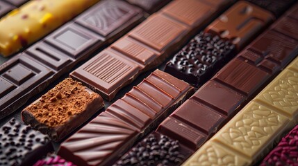 Aufkleber - Close up view of a variety of delectable chocolate bars in different flavors and types neatly arranged. Generative AI