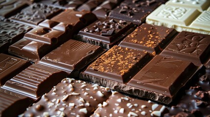 Aufkleber - Close up of a variety of chocolate bars in different flavors and types, neatly arranged with high detail and rich colors. Generative AI