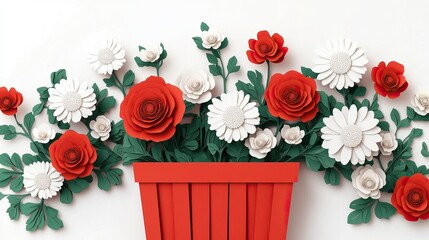 Red roses and white chrysanthemums with decorative greenery arranged in a red wooden basket against a white backdrop showcasing vibrant colors and textures