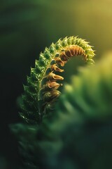 Sticker - Close up of a young green fern frond with a yellow orange hue in a forest. Nature background.