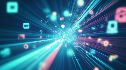 Poster - Abstract digital tunnel with glowing icons and streaks of light, representing data flow and speed.