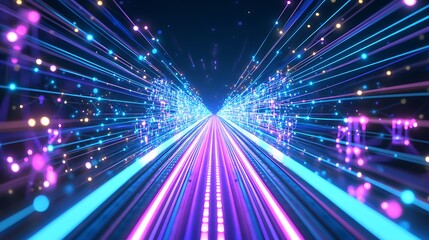 Poster - Abstract digital tunnel with glowing lines and particles.