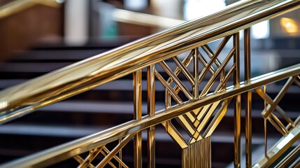 Wall Mural - a detail of an art deco inspired railing in a historic building, with polished brass and geometric d