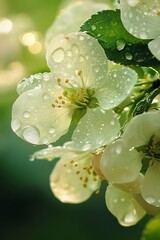 Poster - Close up of white blossom flowers covered in raindrops