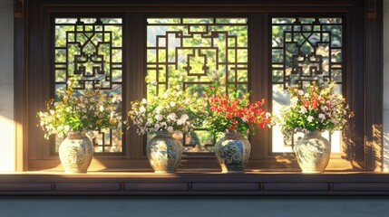 Traditional Chinese balcony window with flower vases, natural light creating an artistic interplay of light and shadow.