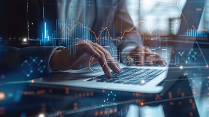 Stock market business Digital financial chart and exchange financial growth graph. Businessman Using Laptop and Tablet to Company Growth, Business Growth Arrows, Development Goals, Financial Data