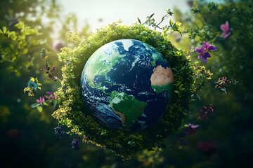 conceptual illustration of ecofriendly sustainable world with green planet earth renewable energy symbols and nature elements surrounding globe depicting environmental conservation efforts