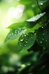 Wall Mural - Close up of dew drops on green leaves after rain