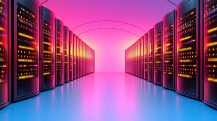 Poster - A panoramic view of a data center with rows of servers and cables, showcasing the vast infrastructure supporting the digital world.