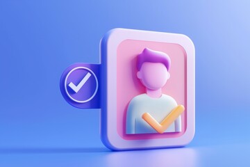 Poster - 3d id card icon with check mark isolated. human resources, plastic card, job search, verify identity