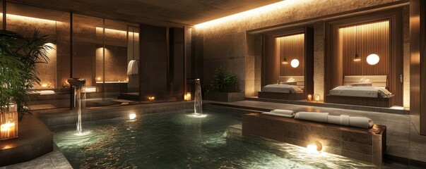 Wall Mural - a luxurious spa with tranquil water features, dimmed lights, and private treatment rooms for ultimat