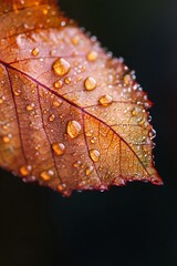 Wall Mural - Close up of a dew covered autumn leaf with raindrops glistening on its surface