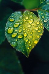 Wall Mural - Close up of dew drops on green leaf with a blurred background.  Nature Photography