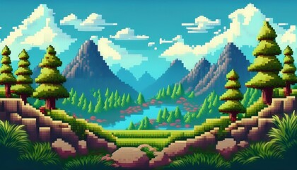 Wall Mural - A vibrant pixel art platform game background showcasing rolling mountains and lush greenery under a bright sky. Generative AI