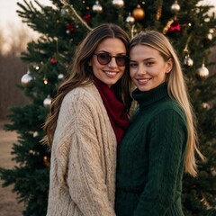 Wall Mural - Two Women in Warm Knit Sweaters and Sunglasses Posing by a Christmas Tree Outdoors