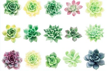 Coolection of succulent flower watercolor isolated on white background. Summer green botanical floral decoration elements. Vector illustration 