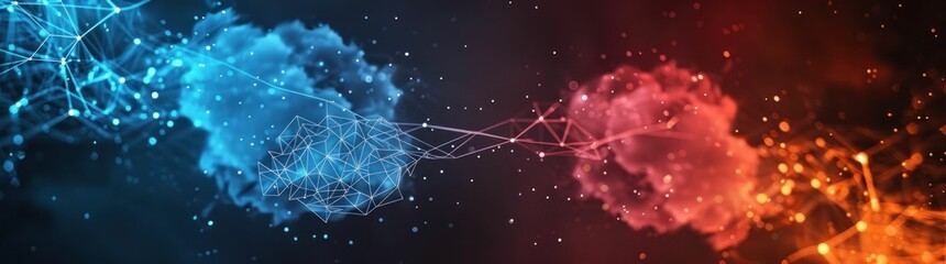 Poster - abstract technology background, digital network with blue and red smoke clouds, connecting lines and nodes, conveying energy and data flow concepts in a vibrant cosmic scene